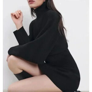 Zara Knit Dress Size M Black Mini Dolman  Sleeve Casual Turtleneck Neck